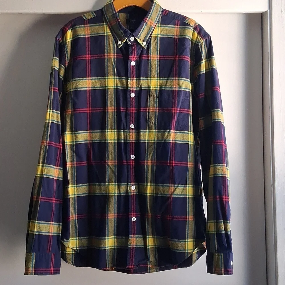 J. Crew Oxford Plaid Long Sleeve Button Down Flannel Size Large